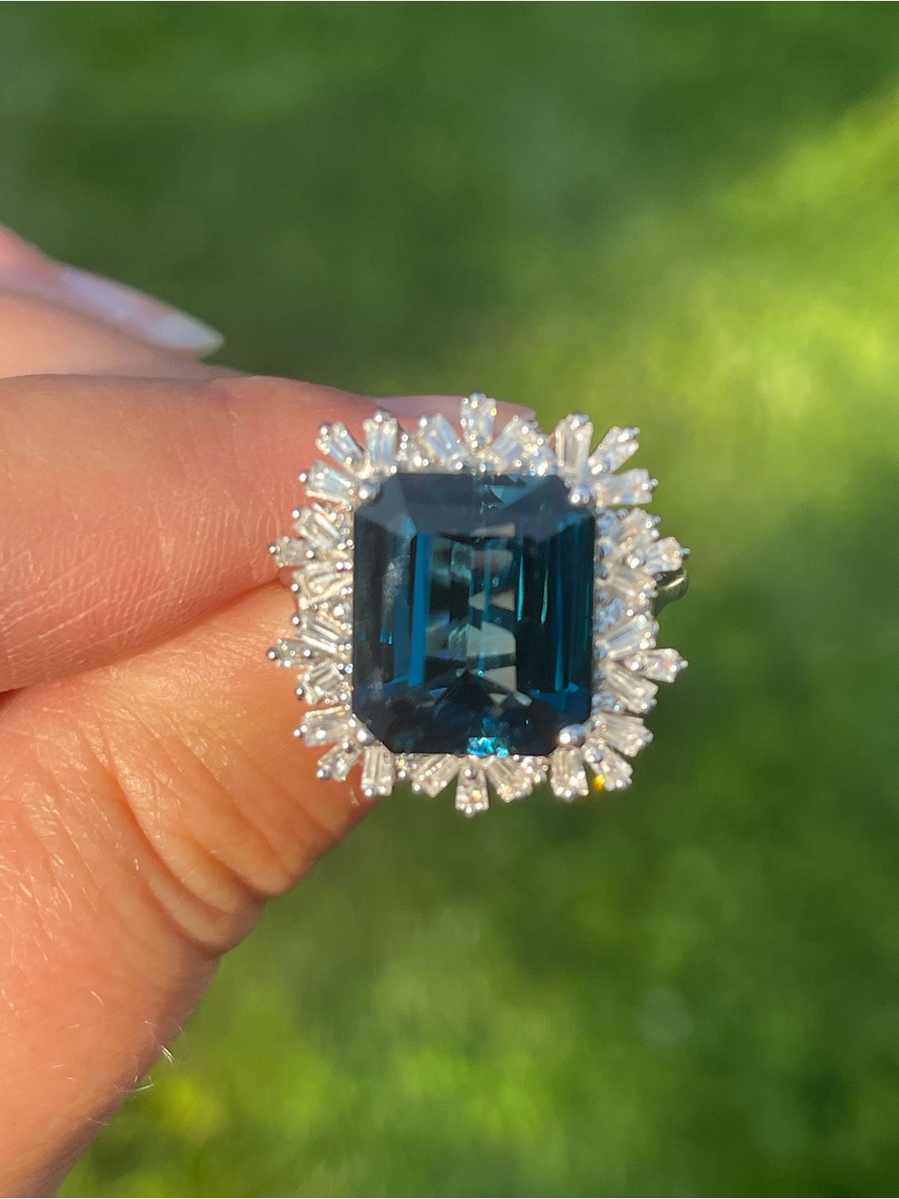 London Blue Topaz and White Zircon Halo Ring